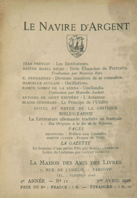 1926-1-15—>L’Aviateur paraît dans ‘Le Navire d’argent’